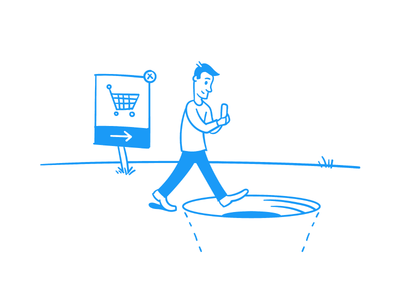 All lines are blue, showing a man on his phone falling down a hole with an arrow pointing to a shopping trolley