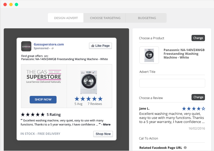 The dashboard for facebook ads for a washing machine, showing options to input a product, title, a review to highlight, and a CTA