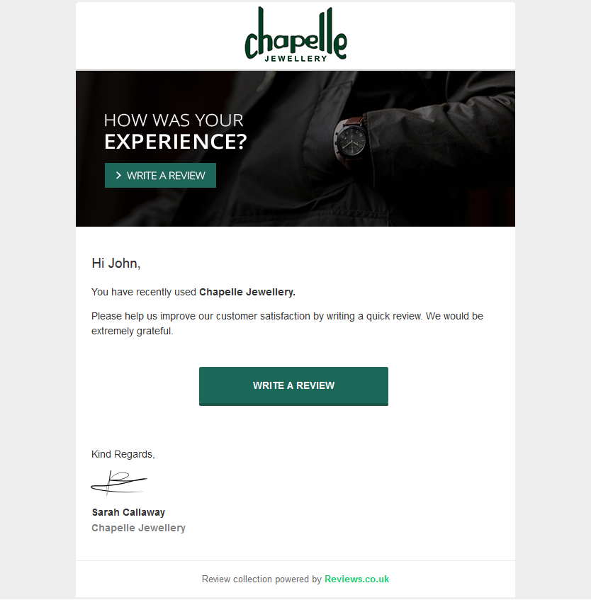 Chapelle Jewellery review request email