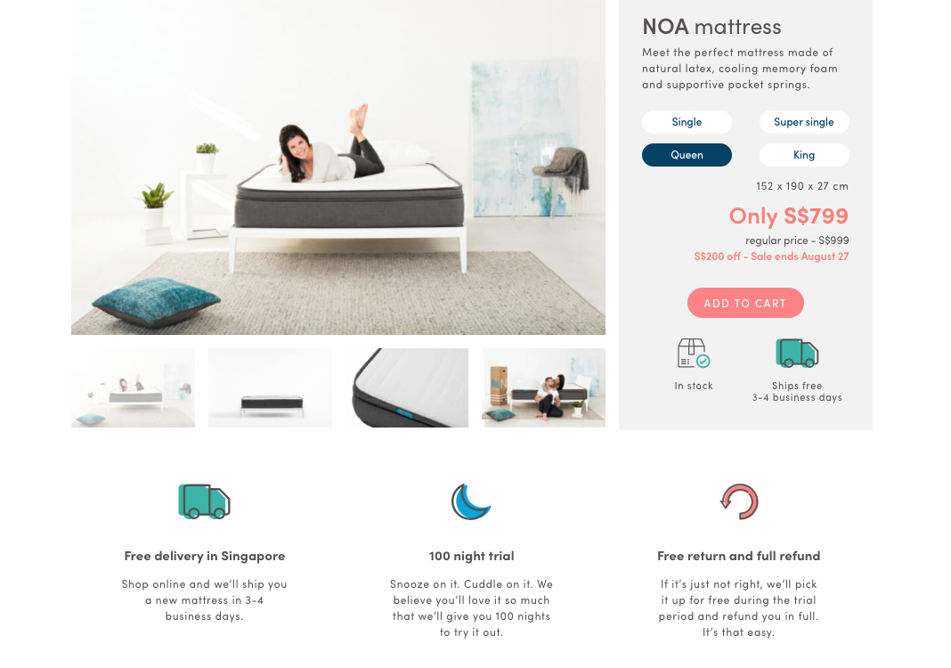 noa home mattress product page