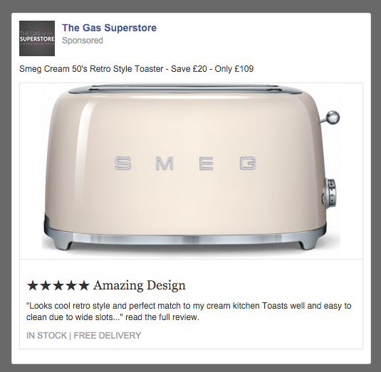 A beige toaster with 5 black stars underneath showing a review