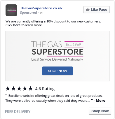 A Facebook ad for The Gas Superstore their 4.6 rating and a review at the bottom.