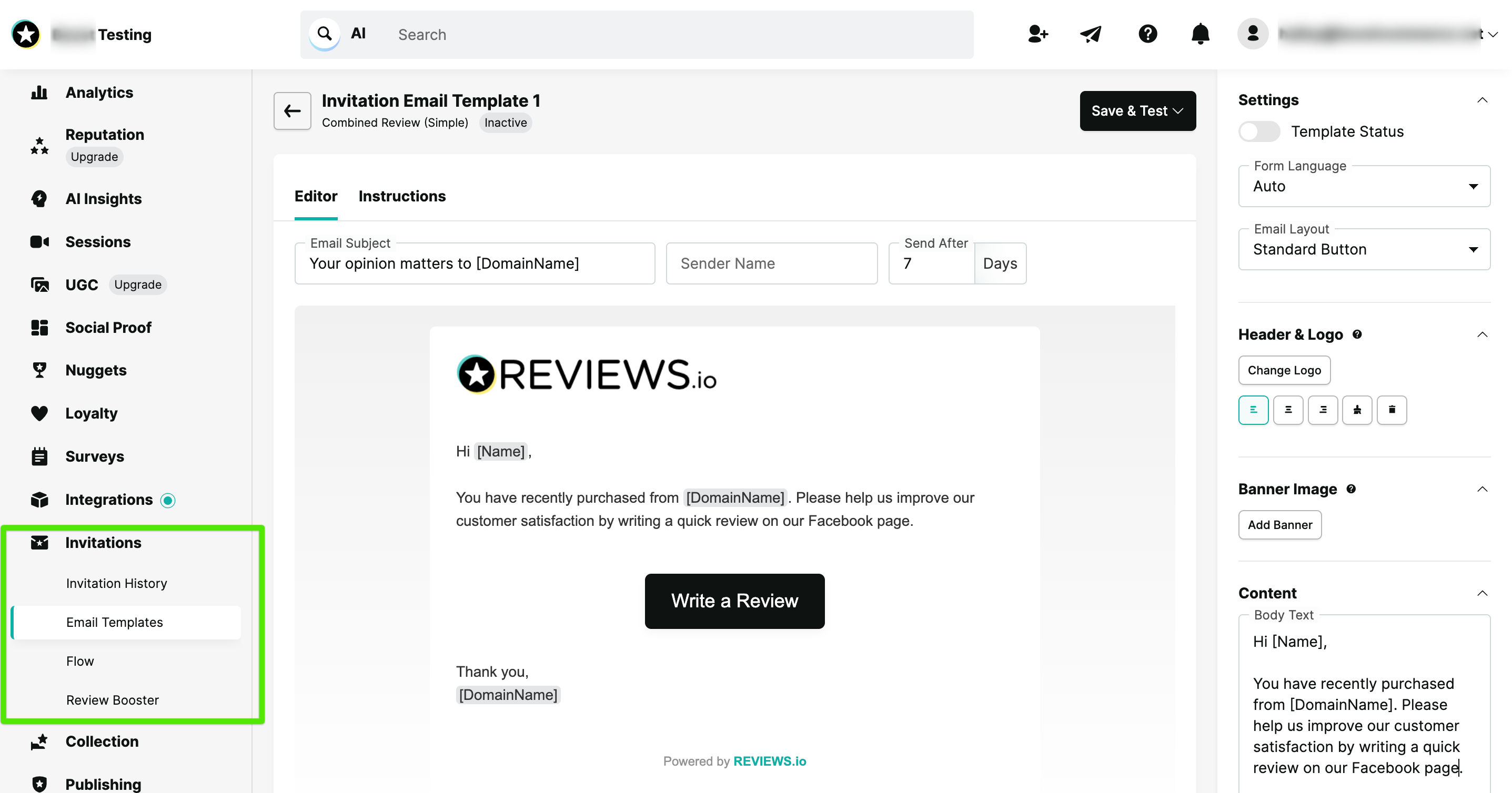 email campaign template to collect reviews in REVIEWS.io