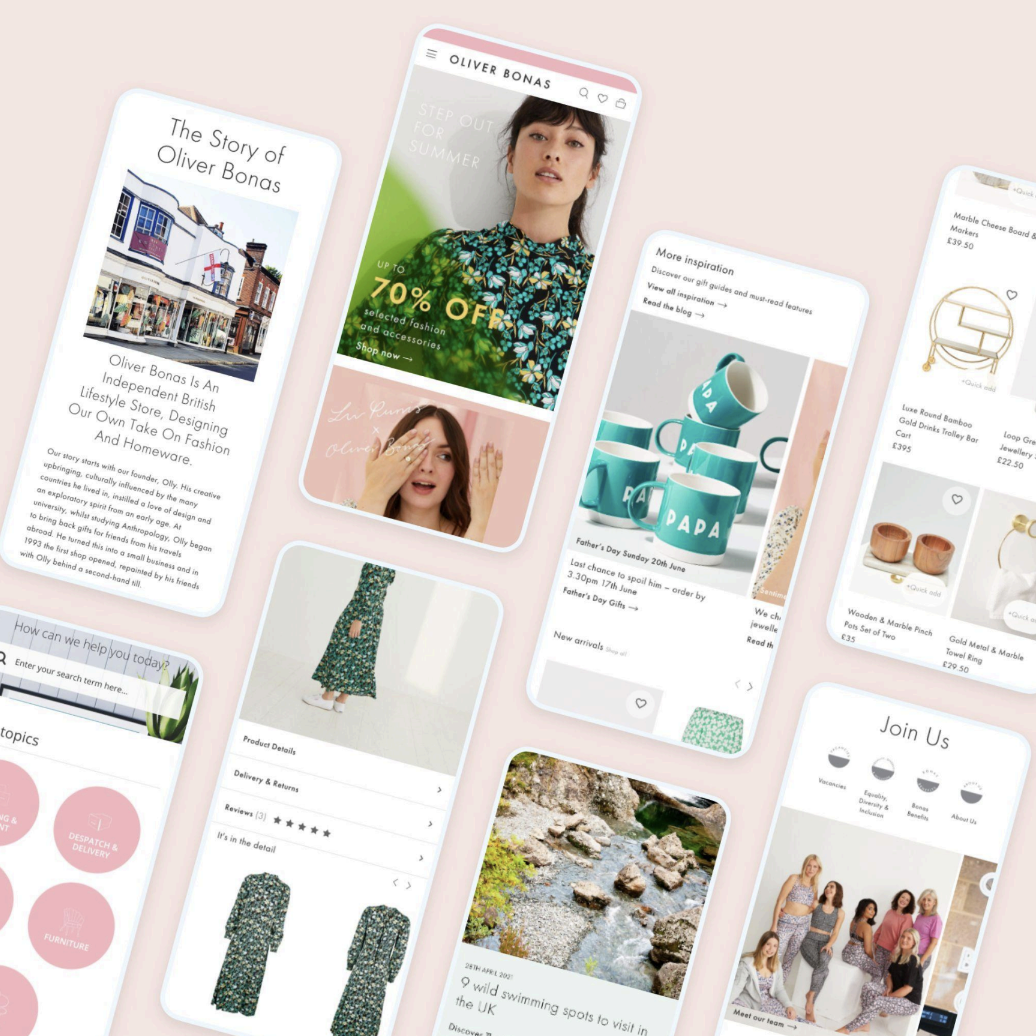A light pink background with multiple phone shape screens on it, showing things like lue mugs, a girl with a blue and black floral top, a shop on a high street, a river flowing with rocks. All relating to oliver bonas products & company.