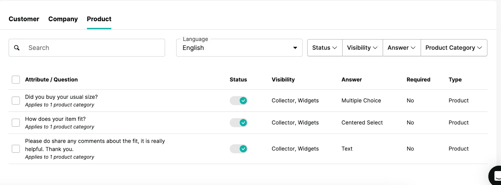 A screenshot from the dashboard, showing where you can create attributes and iew their status