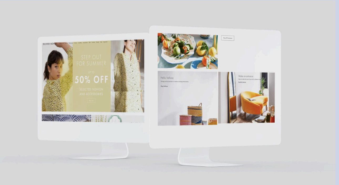 2 computer screens, one with a yellow theme for a sale and one showing an orange chair and a bowl of fruit