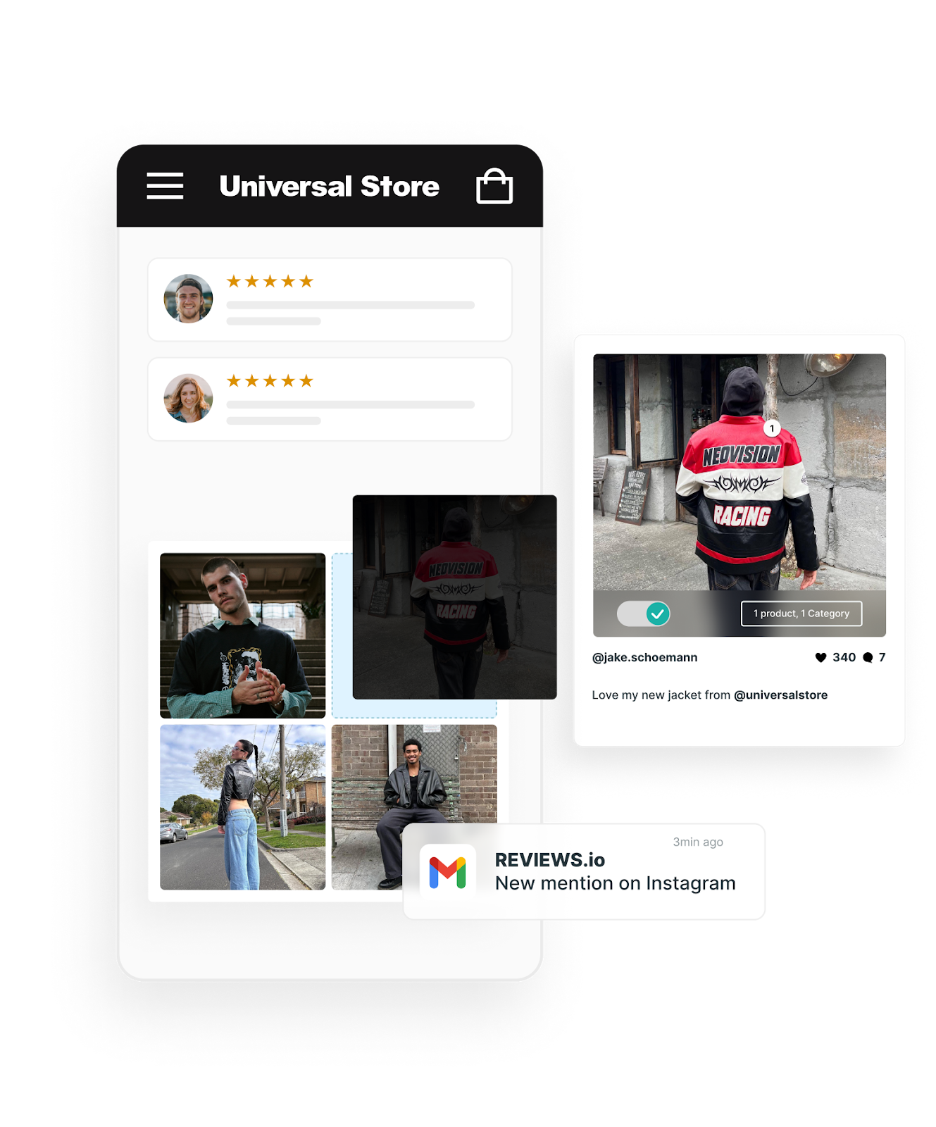 A grid of photos showing products on people. With yellow stars above it indicating reviews. A zoom in on an image of a black, white, and red jacket on instagram. A box with the email logo and 'new mention on instagram'