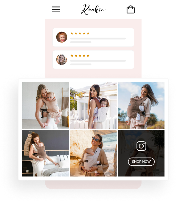 A pink phone background showing brand Rookie's 5 star reviews. In front of this is a grid of pictures of women testing out baby carriers, this is their UGC.