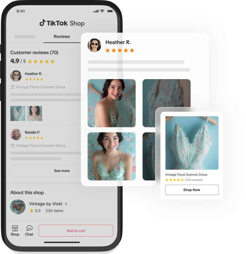 A phone screen showing TikTok Shop reviews, zoomed into UGC of a blue floral summer stress, with a button to shop now