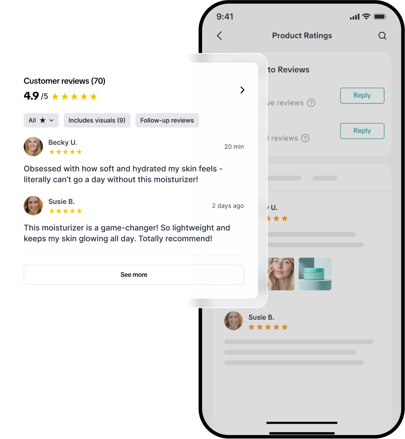 A phone showing ratings collected on a TikTok Shop product, with a zoomed in box of a review example