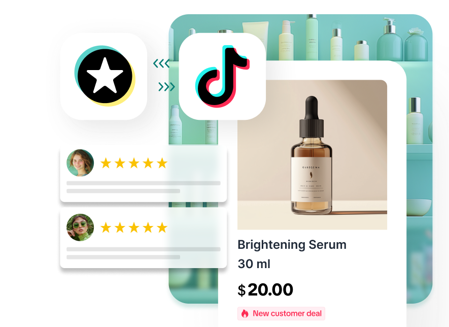both the TikTok and REVIEWS.io logos showing the synergy. A brightening serum on the TikTok Shop with reviews shown on it