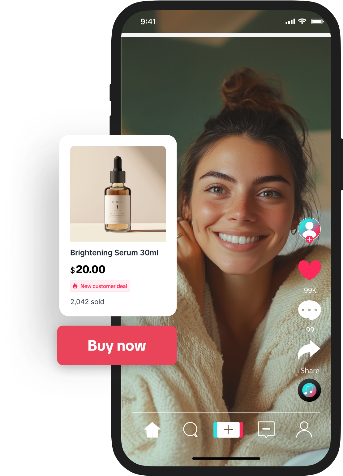 A smiling brunette girl on a phone screen, showing a TikTok homescreen with a button to 'buy now' on a serum