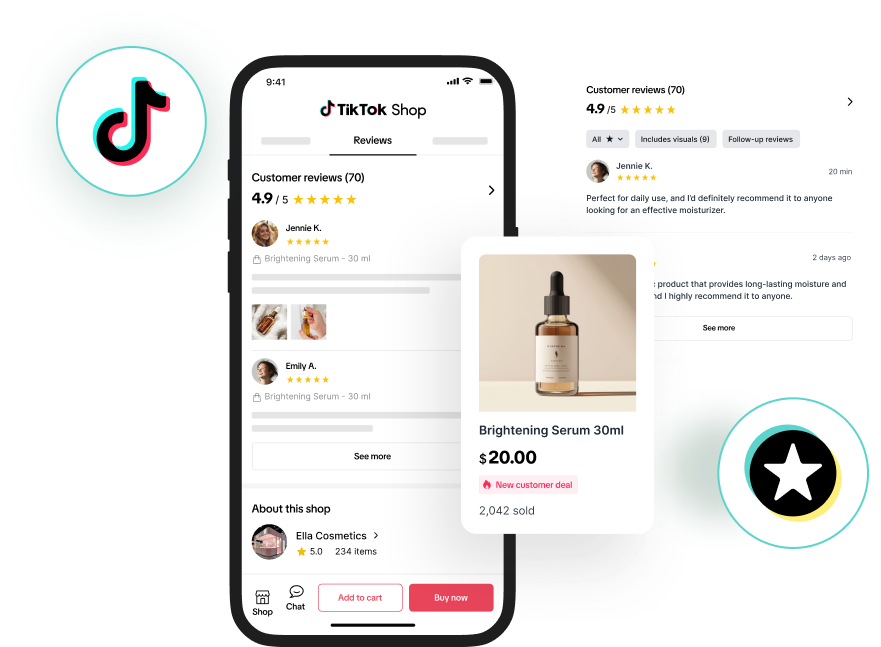 A phone screen showing the reviews page of a TikTok Shop. A zoom in on 'brightening serum' with the option to add to cart or buy now. Both REVIEWS.io and TikTok logos are shown 