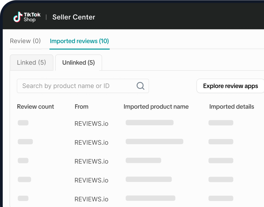 A zoomed in image of the TikTok Shop Seller Centre, showing imported reviews from REVIEWS.io