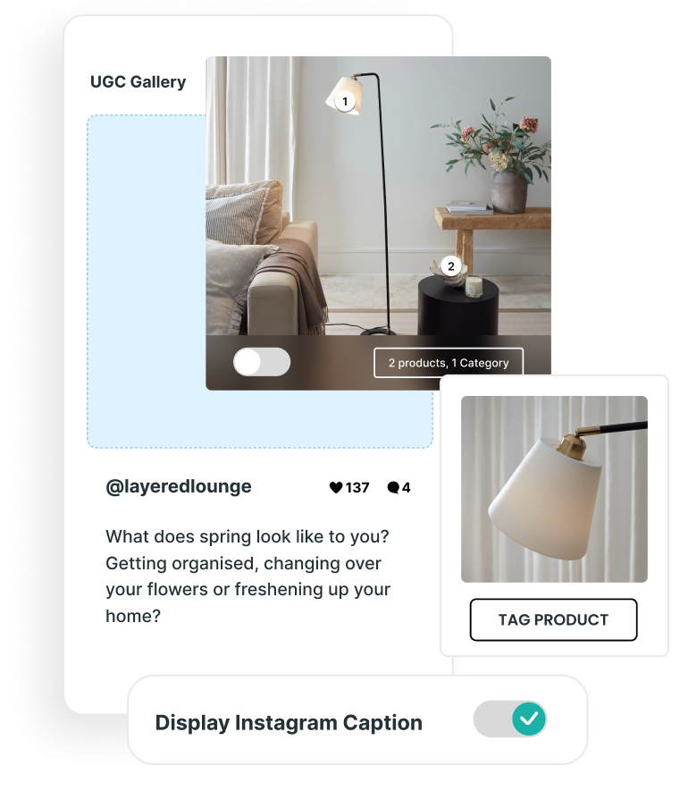 An image of a tall lamp in a room, with a zoom in to 'tag product'