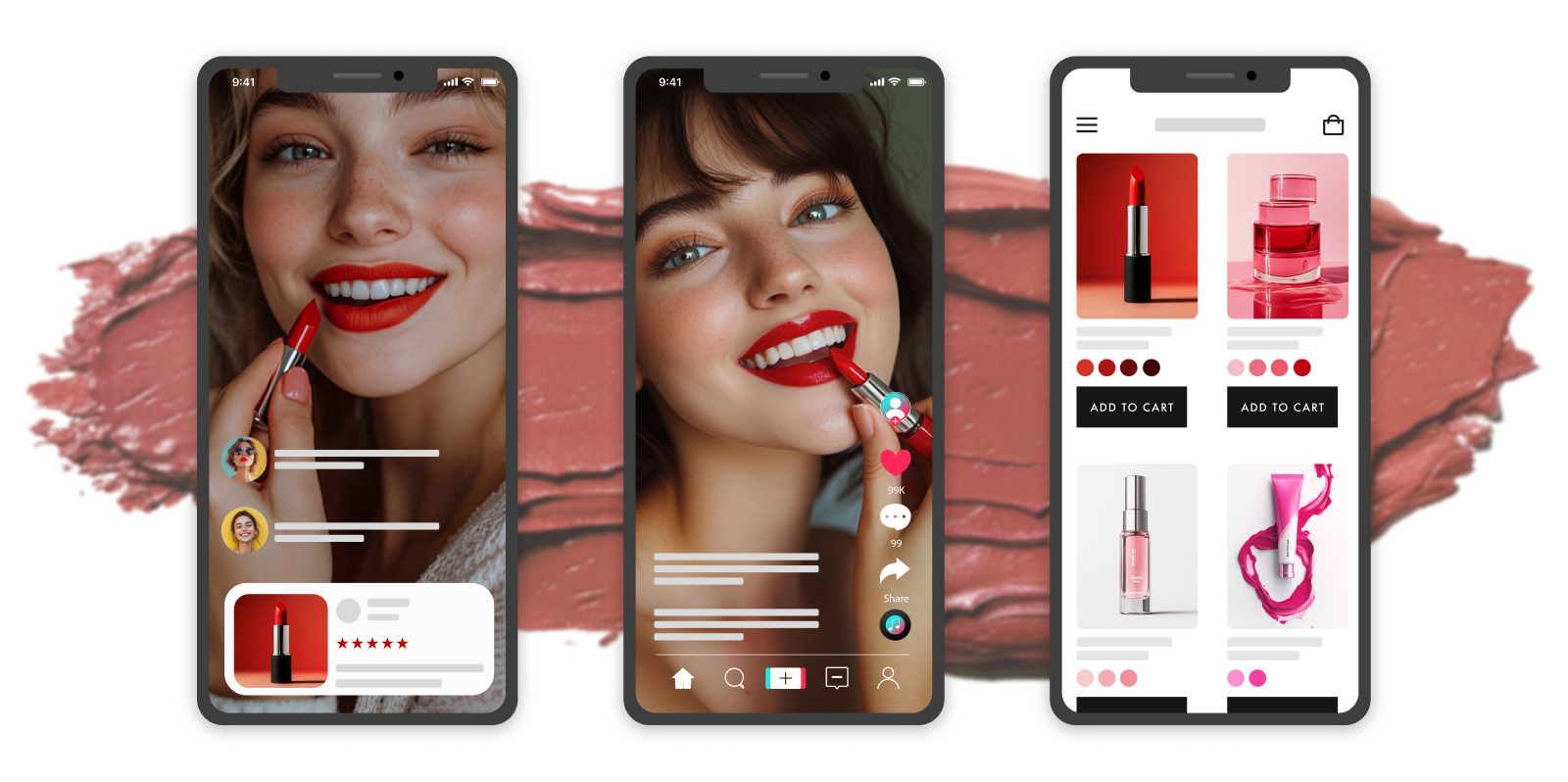 3 phone screens in front of a lipstick smudge. Showing women trying out red lipstick on TikTok, then the page to buy the product.