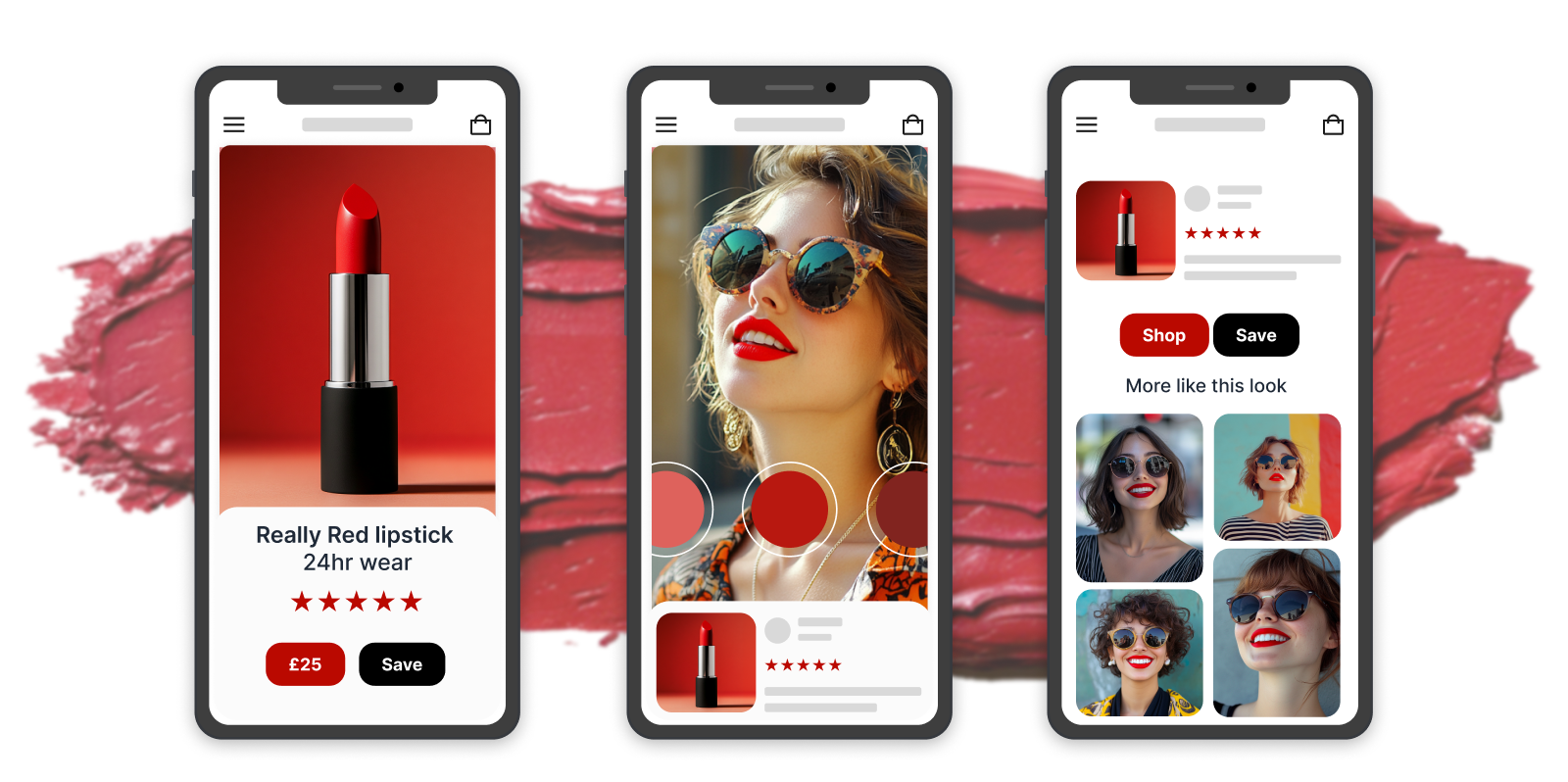 3 phone screens in front of a lipstick smudge. One with a red lipstick product page, then a virtual try on, then a grid of related images