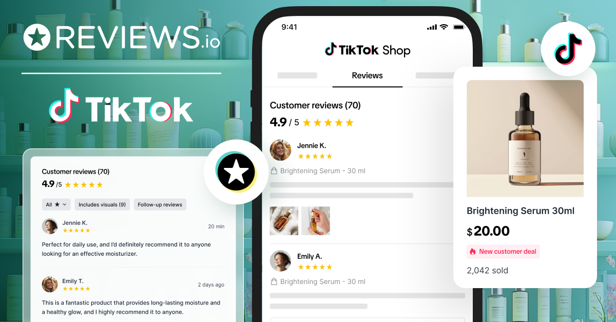 A teal background with a phone screen in front, showing tiktok shop reviews for a serum.  