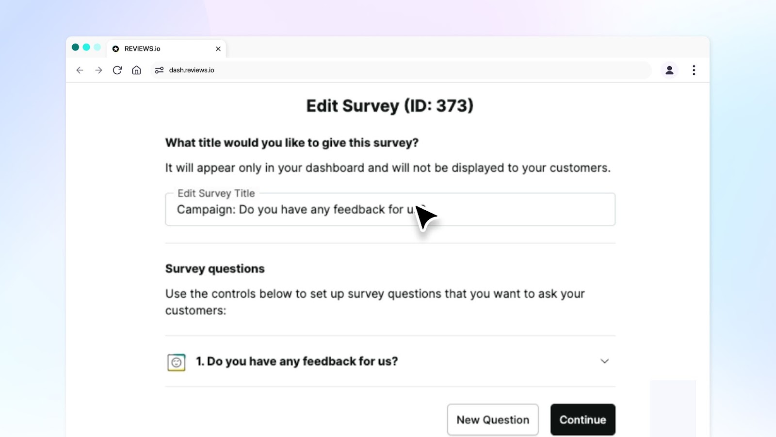 A blue and pink gradient background, in front, a screen showing a mouse making edits to a survey