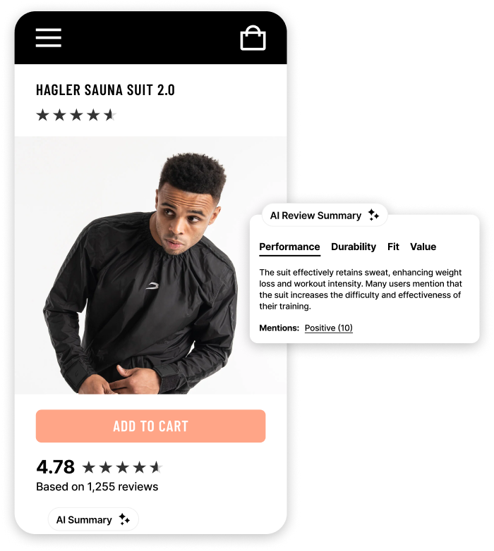 A phone shape with a product page of a man in a black long sleeve top. To the right, a summary of the reviews for this top.