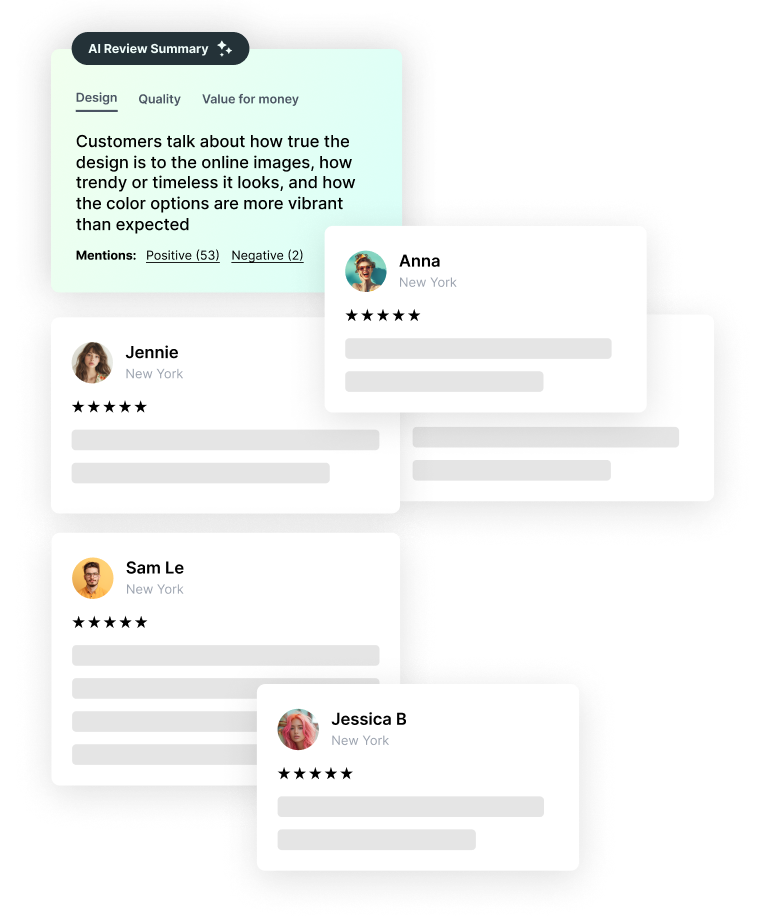 A mint green box showing an AI Summary of reviews, a number of white boxes around it showing different reviews 