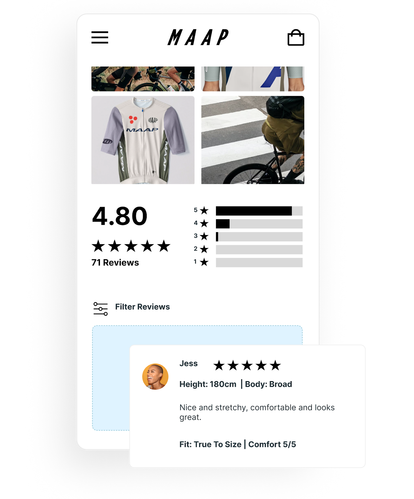 A phone shaped screen showing the company Maap's product page. Under, their overall star rating and the option to filter reviews, a specific review pulled out in a different box to show attributes such as the customers height.