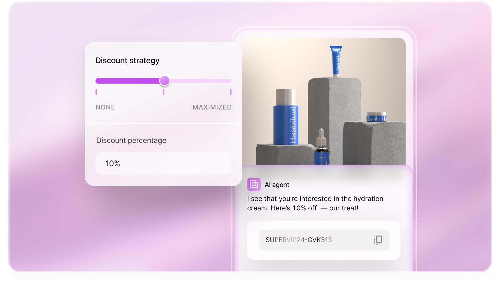 Purple background, a rectangle showing different skincare products on levels, below, an AI Agent giving a discount code. In front, a square, showing a sliding scale for discount strategy. 