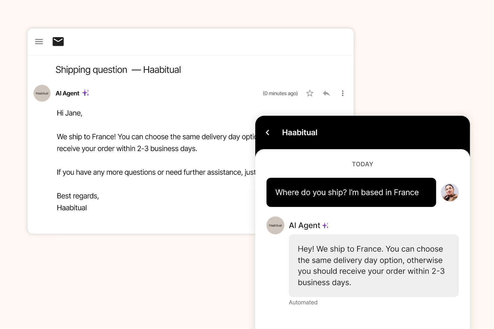 A a beige background, in front, a box showing an email from AI Agent. In front, another box with a conversation with AI Agent.