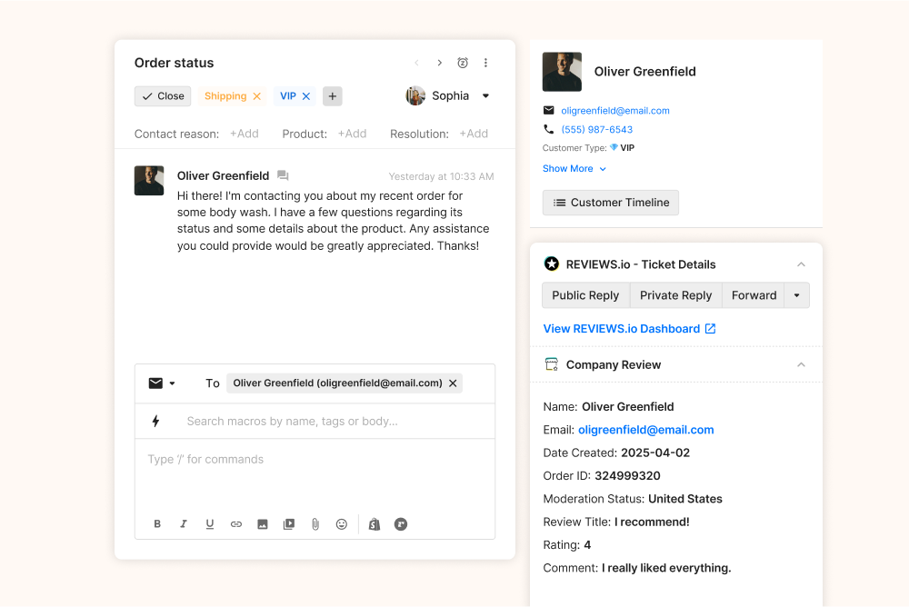 A beige background, on the left, a white box with a customer contacting a business. On the right, at the top, a box with the customers contact information and name, below, the support ticket details. 