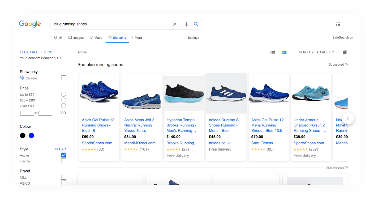 A google search showing an array of blue running shoes