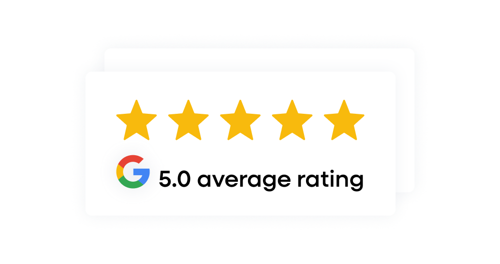 5 yellow stars with text saying 5.0 average rating, the google logo displayed next to it.