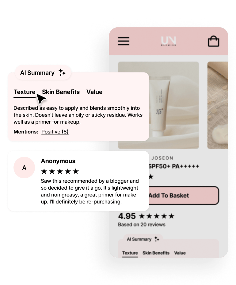 A pink themed phone shaped screen showing an SPF product page. A light pink pop up in front of this - showing a summary of all reviews collected for this product.