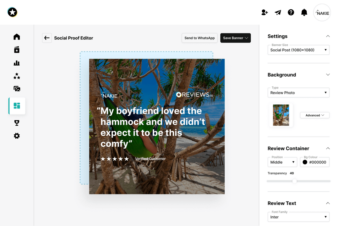 A screenshot of the social proof editor, an example review in the middle with settings on the right hand side. Options to choose the background for the review image, review text, banner size, and review container.