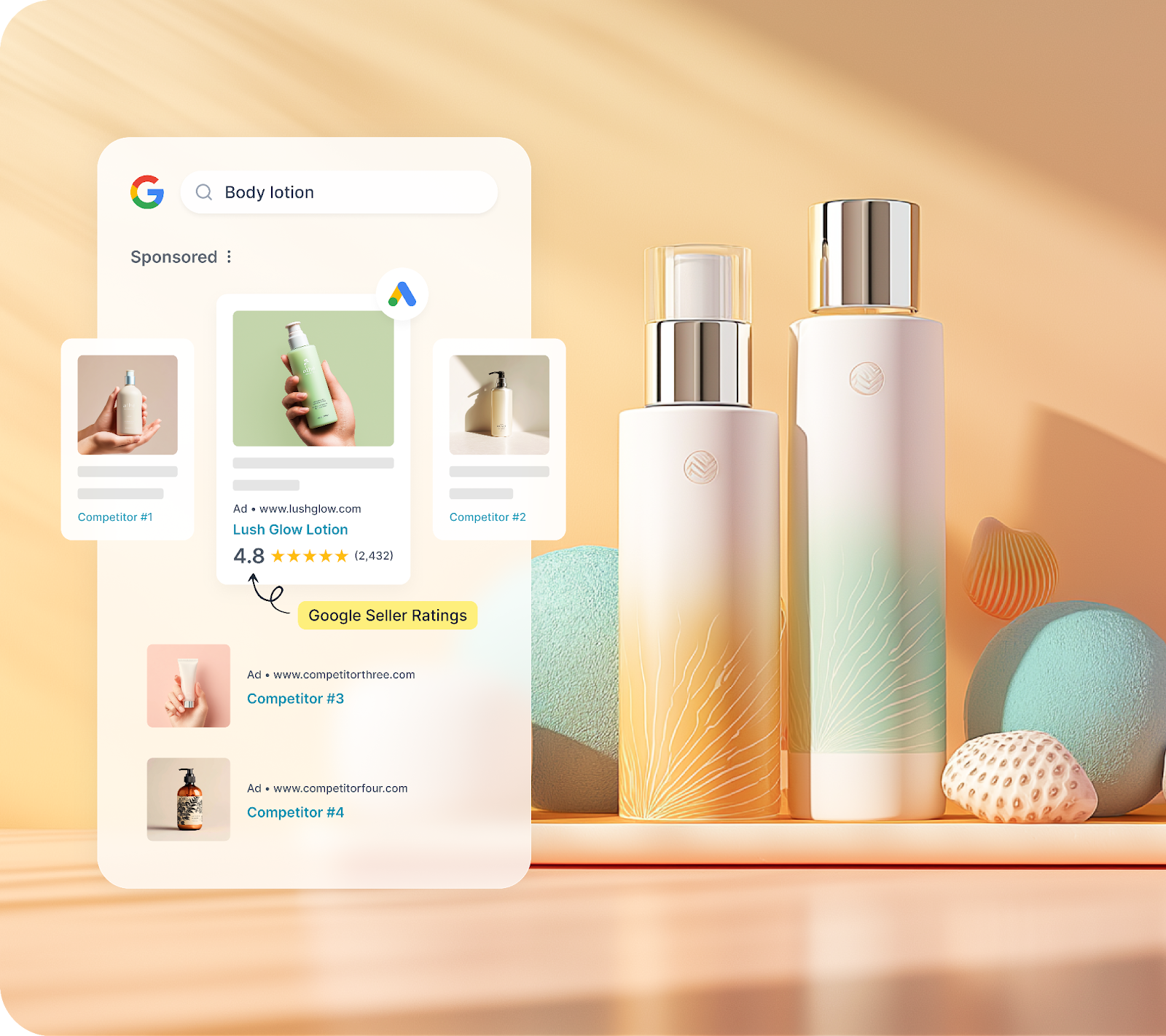 A light orange background theme with a table and 2 colourful body lotions on it, surrounded by shells. To the left, a pop up showing a google page after searching 'body lotion' with the rating highlighted, Google Seller Rating.