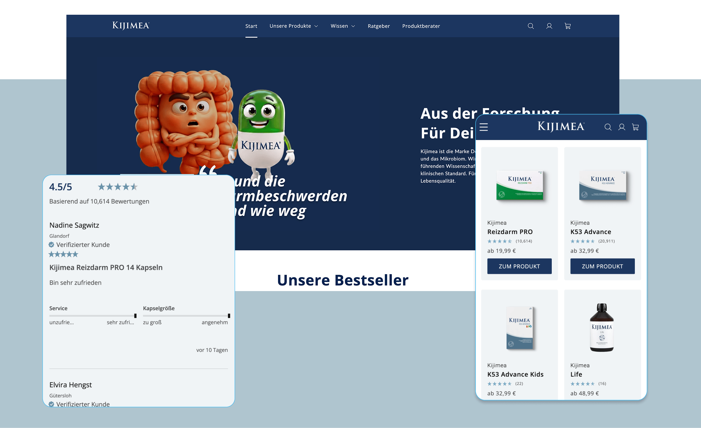Kijimea website showing REVIEWS.io review placements, including a 4.5/5 rating based on 10,614 reviews with a verified customer review, and star ratings with review counts on bestseller product listings
