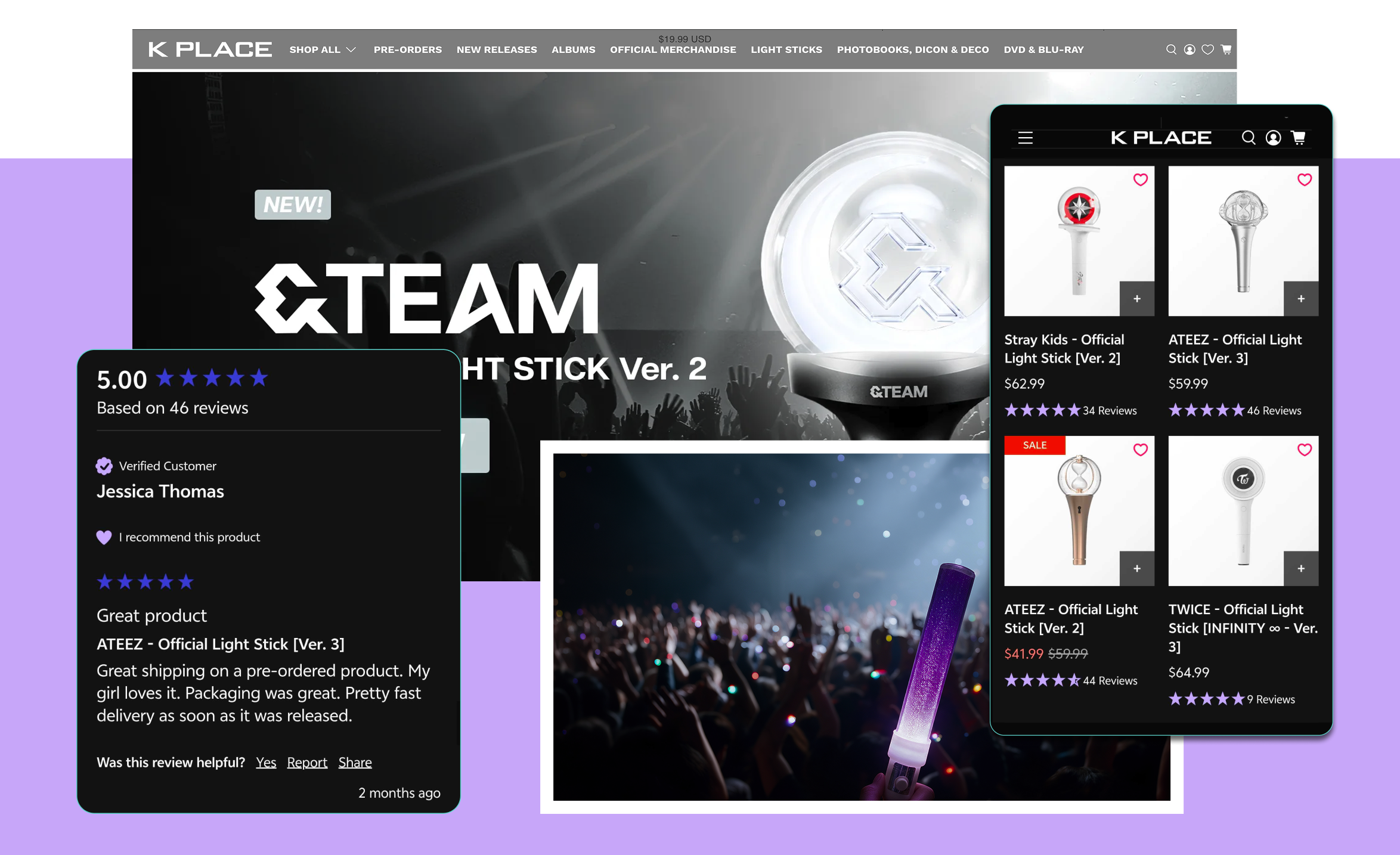 K Place K-pop merchandise store showing REVIEWS.io review placements, including a 5.00 rating based on 46 reviews with a verified customer review, and star ratings with review counts on light stick product listings
